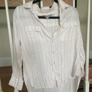 White and faintly striped Loft button up top